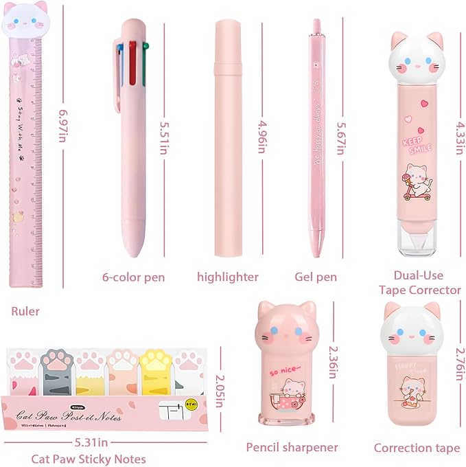 9Pcs Pink Cute Cat Stationery Gifts Set,Kawaii School Supplies