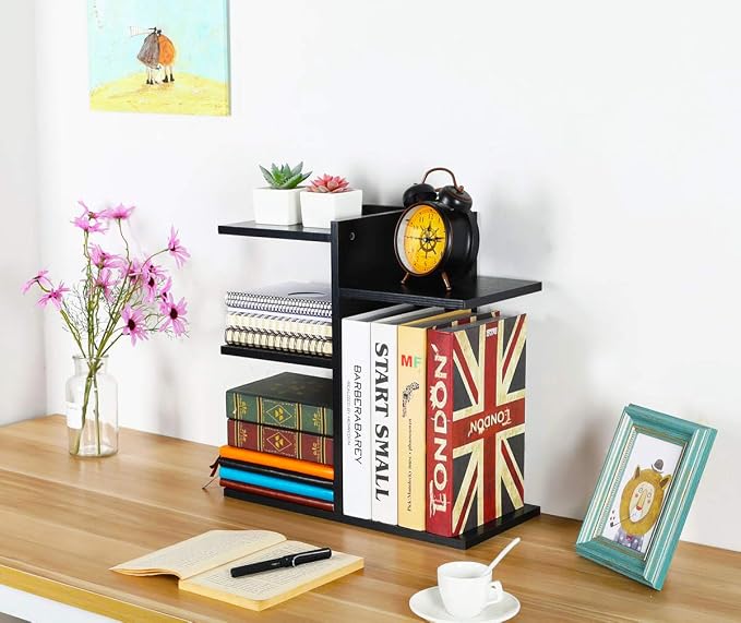 Wood Desktop Shelf Small Bookshelf Desk Supplies Organizers and Accessories Storage Display Rack Office Decor for Women, Black