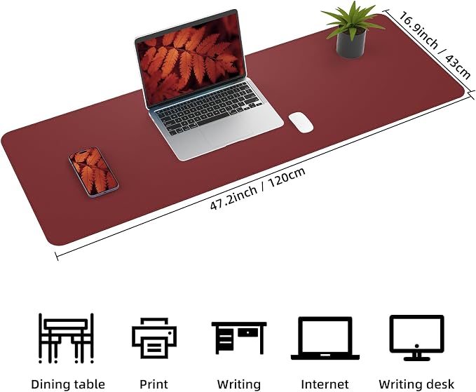 AFIING Leahter Desk Pad 47" x 17", Red,Desk Cover mat | Natural Cork & PU Leather, Mouse Pad, Non-Slip, Waterproof, For Office and Home