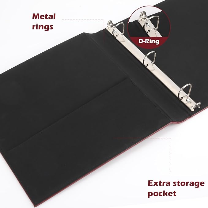 LETVPVOW Vintage Hardback 3 Ring Binder 1 Inch, Professional Leather Binder 3 Ring, Three Ring Binders Fits 8.5" x 11", D Ring Binders for Photo Album, Home, School and Office Supplies- Dark Red