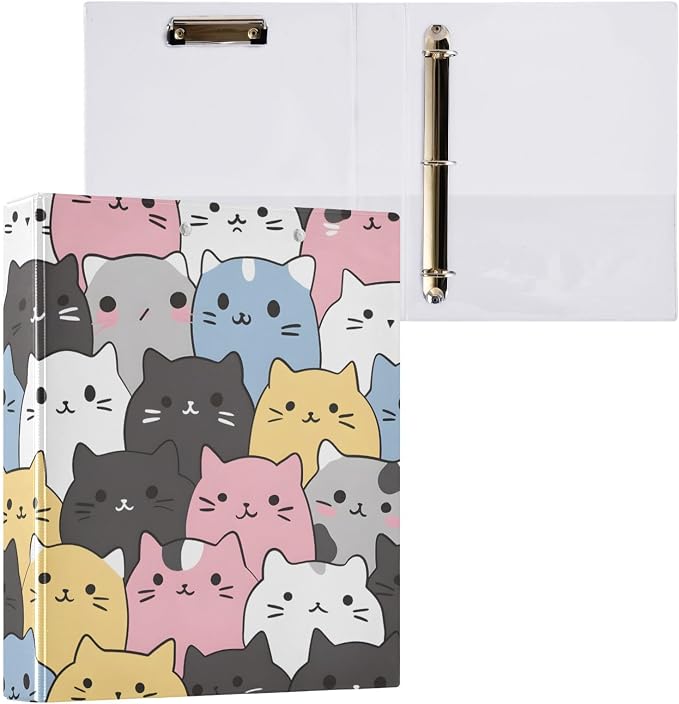 Cats Cute Animal 3 Ring Binder with 2 Interior Pockets 1.5 inch Binders 3 Ring Heavy Duty Fit 8.5" x 11" Letter Size for Office School, 2 Pack