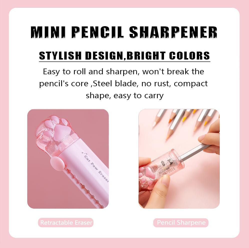 Cute School Supplies,Stationary Gift Set, Japanese Stationery Birthday GIFS, Includes Pencil Sharpener,Eraser, Correction Tape, Ruler, Mini Scissors,Utility Knife, for Office School Supplies (Pink)