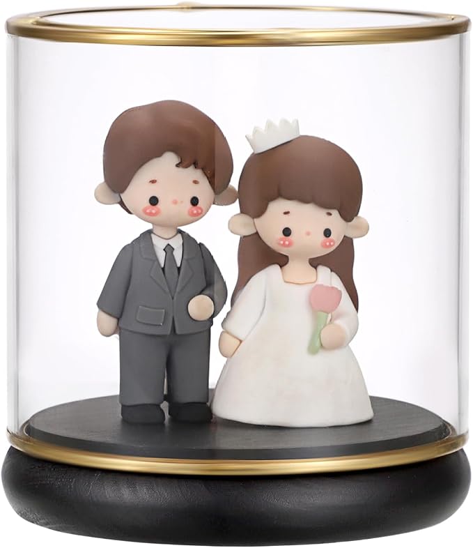 Hipiwe Vintage Display Case Clear Collectibles Showcase with Black Wooden Base Gold Frame Keepsake Box for Plants Action Figurine Models, Cylinder, 4 x 4 x 4.3 Inch