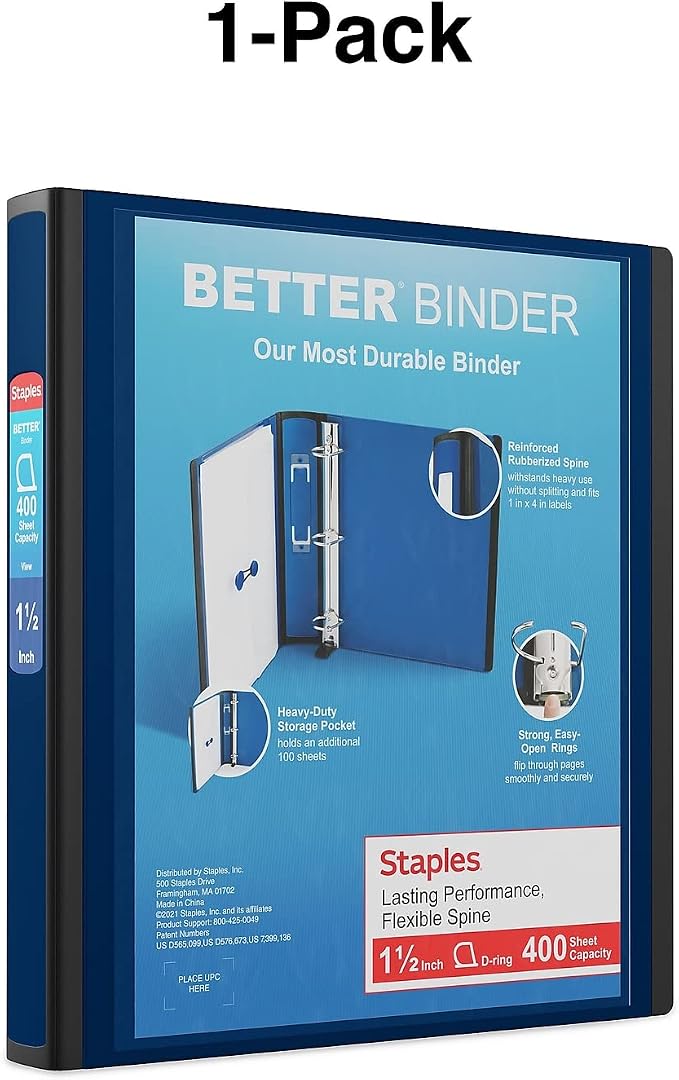 Staples Better Binder, 1.5 Inch D-Ring, Navy Blue, 400 Sheets, 3-Pk | Reinforced spine for long-lasting school and office organization.