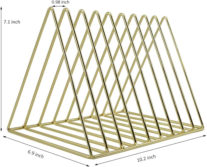 Gold File Holder Organizer, Triangle Record Album Holder Magazine Wire Rack, 9 Slot Multifunction Desktop Storage Decor for Home Office