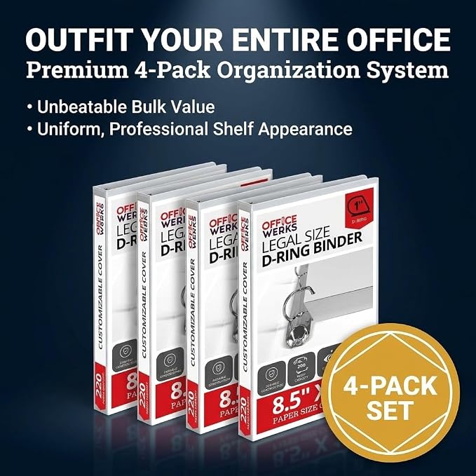 Performore - Office Werks Heavy Duty 4-Pack Legal Size View Binder - 14" x 8.5", White, 1 Inch D-Ring, Back Mount Binder