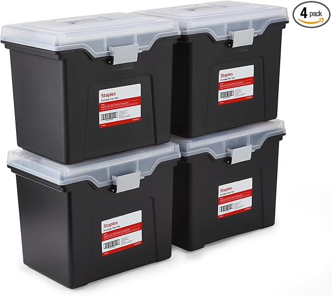 STAPLES File Box Portable Tote, Letter Size, Black, 4/Carton | Lightweight storage tote for transporting and organizing hanging files.