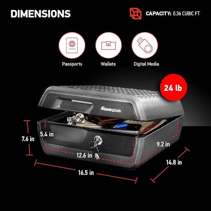 SentrySafe Fireproof and Waterproof Document Safe with Key Lock, Lock Box for Cash, Passport, Jewelry, Exterior: 16.5 in W x 14.8 in D x 7.6 in H, Black, 0.36 Cubic Feet, CHW30220 | Fire and Water Resistant Document Safe With Key Lock, Protects Cash, P...