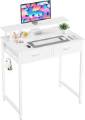 DUMOS 31-Inch Computer Desk with Drawers and Monitor Stand, White | Small Writing Desk for Home Office with Headphone Hook, Compact Study Table for Bedroom
