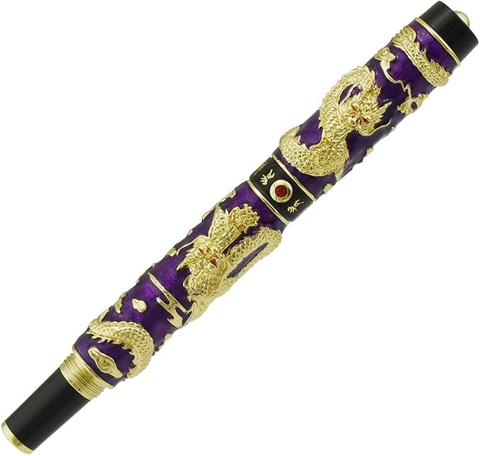 Jinhao Double Dragon Rollerball Pen Purple Cloisonne Enamel Handcraft for Signature and Collection