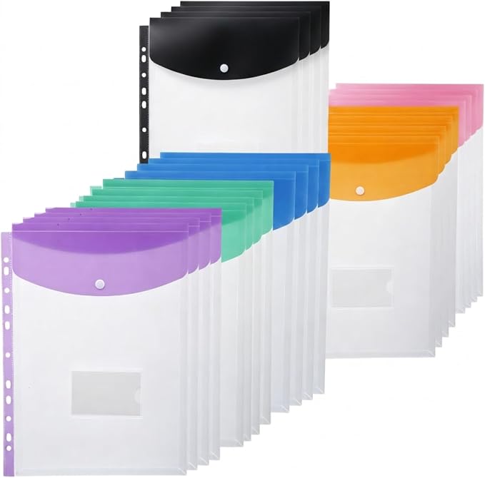 24 Pack A4 Binder Pockets Organizer Folders, 6 Colors | Binder Pockets For 2 3 4 Ring, Snap Button And Label, Expandable Plastic Envelopes for Office