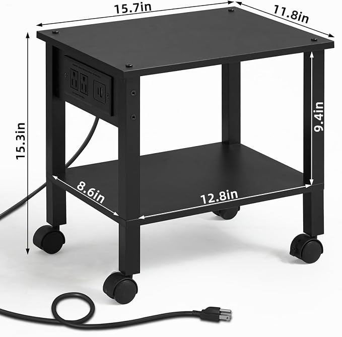 YUFAM 2 Tier Under Desk Printer Stand with Charging Station, Black | Wooden Small Printer Table for Home Office, Rolling Printer Cart Shelf with Lockable Wheels