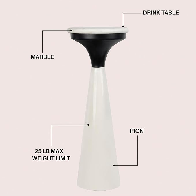 JONATHAN Y Oliver 8" Round Marble Pedestal Drink Table, White/Black | 22.25" High Modern Martini Cocktail Accent Stand, Small Side Furniture, No Assembly, Mid-Century Glam Style