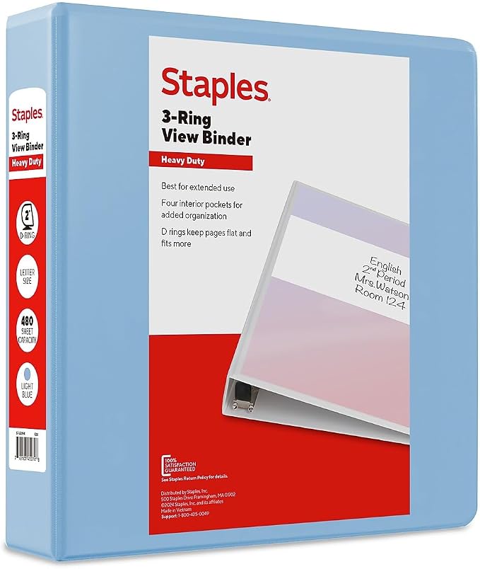 Staples Heavy Duty 2" 3-Ring View Binder, D-Ring, Light Blue