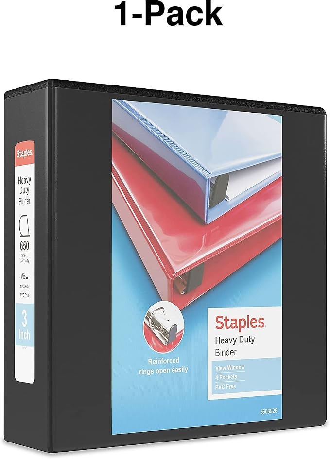 Staples Heavy-Duty 3-Inch D-Ring View Binder, Black – Large Capacity 3-Ring Binder for School & Office Storage