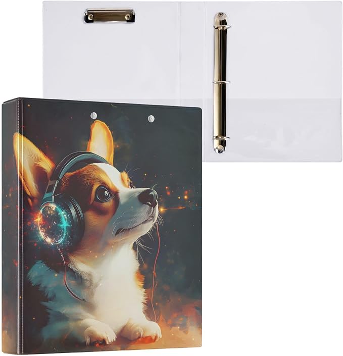3 Ring Binder Corgi Wearing Headphones 1.5 inch Binders Three Ring Binders with Clipboard Fit 8.5'' x 11'' Paper 3 Interior PVC Clear Pockets for Office Supplies