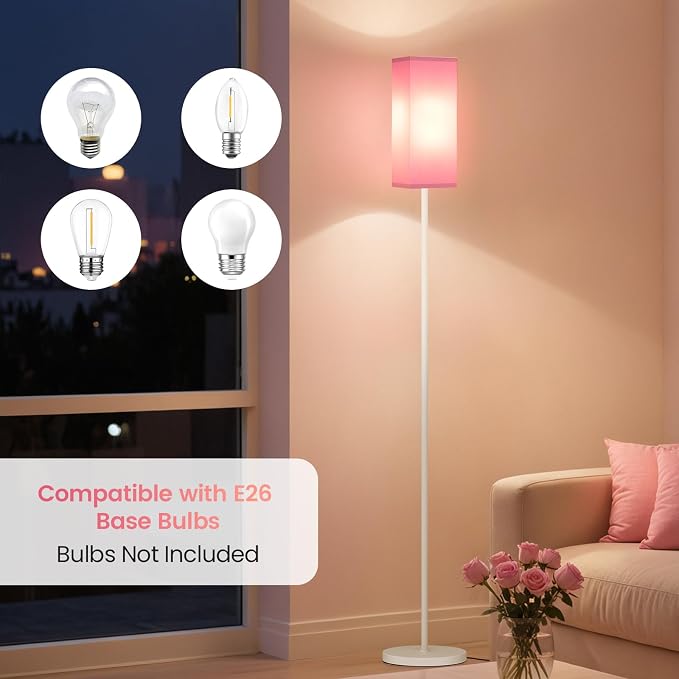 64.6" Floor Lamp, Pole Lamp with Foot Switch, Modern Standing Lamp Shade, Minimalist Freestanding Lamp (Bulb Not Included), for Living Room, Bedroom Office ETL Listed,White and Pink WP07LD05