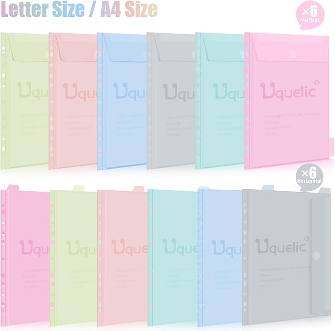 Uquelic A4 Binder, Folio Document Organizer, 3 Ring Folder Letter Size | Cute 12-Pocket Life Binder for Paper, Files, Photos, Letters, Cards (Black-Macaron)