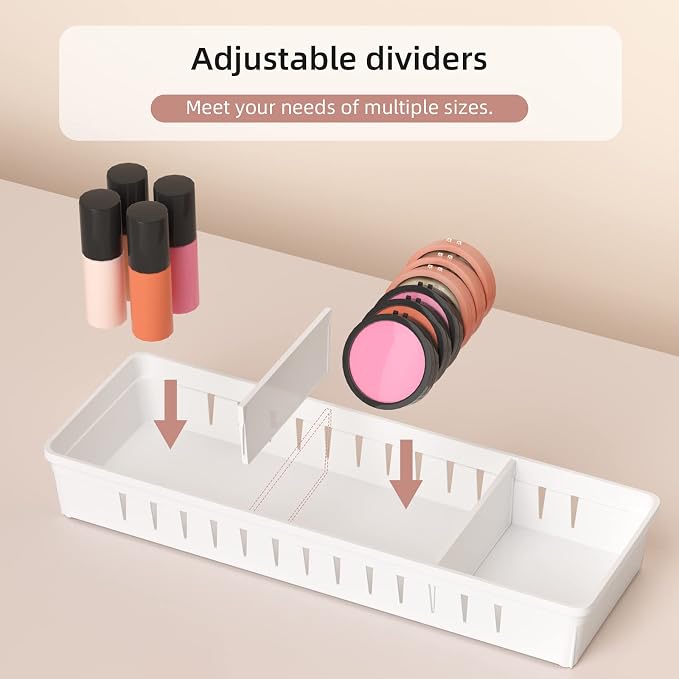 6 PCS Desk Drawer Organizer, Bathroom Drawer Organizer Trays | 12 pcs Dividers Adjustable, 24 Non-Slip Feet, Makeup Organizer Bins for Vanity Clothes Junk Kitchen Utensil, Plastic, White
