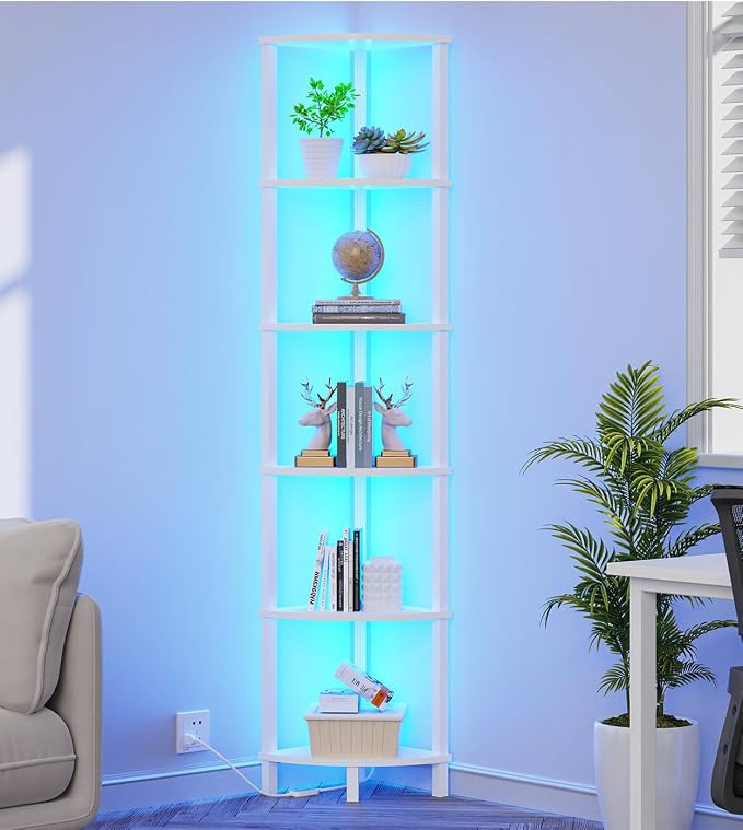 VIMBER Corners Shelf with LED Light, 6-Tier Corner Bookshelf, Industrial Corner-Ladder Shelf, Modern Display Shelf for Living Room, Bedroom, Kitchen, Home Office, Sturdy Frame, White UJSJ002W