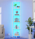 VIMBER Corners Shelf with LED Light, 6-Tier Corner Bookshelf, Industrial Corner-Ladder Shelf, Modern Display Shelf for Living Room, Bedroom, Kitchen, Home Office, Sturdy Frame, White UJSJ002W