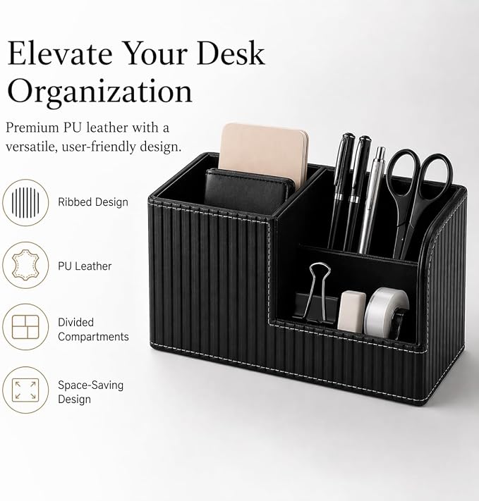 Desk Pen Organizer Office Supplies Caddy Pu Leather Multi-function Storage Box Pen/Pencil,Cell phone, Business Name Cards Remote Control Holder (Black)