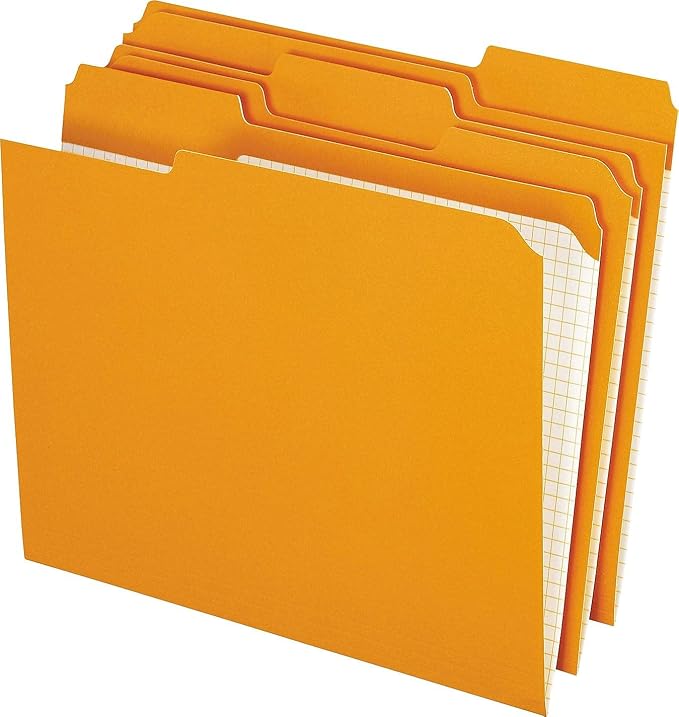 Pendaflex Color File Folders with Interior Grid, Letter Size, Orange, 1/3 Cut, 100/BX (R152 1/3 ORA) | Reverse any folder and the printed interior grid becomes a writing panel. Reinforced tabs, 100 per box, made in the USA.