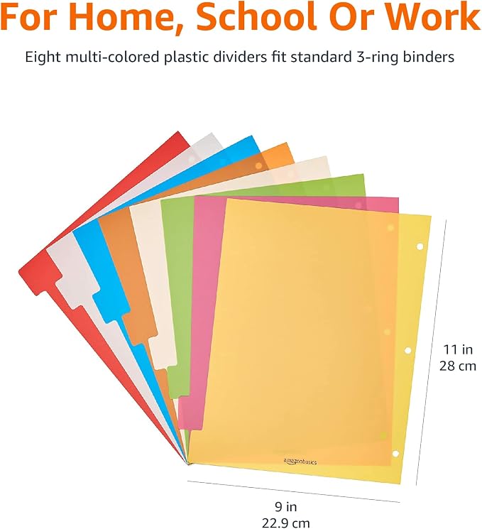Amazon Basics 8-Tab Plastic Binder Dividers with Multicolor Tab Labels for 3 Ring Binder, Letter Size, 48 Sets