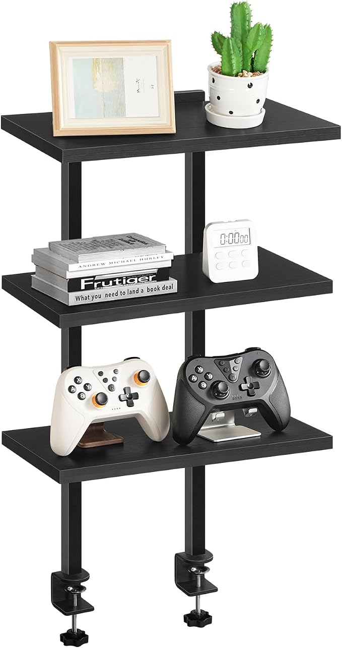 MAHANCRIS Clamp On Desk Organizer, 3-Tier Desktop Bookshelf, Adjustable Desk Storage Shelf, Metal Frame, for Office, Study and Game Room, Black DSBK3601
