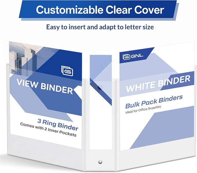 GNL 3 Inch Binders 3 Ring Bulk, 3" Three Ring Clear View Binder (Fit 8.5"x11" Paper) PVC-Free & Non-Stick for Office & School Supplies, White, 4 Pack