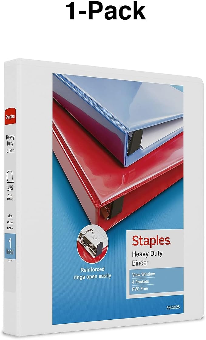 Staples Heavy-Duty 1-Inch D-Ring View Binder, Reinforced Spine, Holds Up to 275 Sheets, White, for Office & School