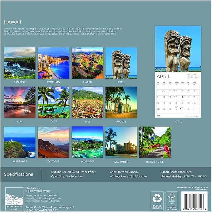 Hawaii 2027 Wall Calendar, 12 x 24 Hanging Pacific Waters Press