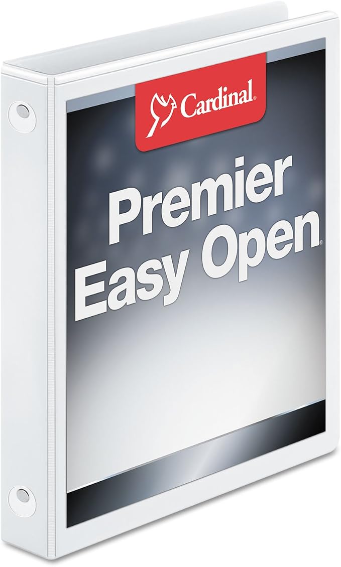 Cardinal 3 Ring Binder, 1 Inch Premier Easy Open Binder, ONE-TOUCH Locking Round Rings, 200-Sheet Capacity, ClearVue Cover, PVC-Free, White (11100)