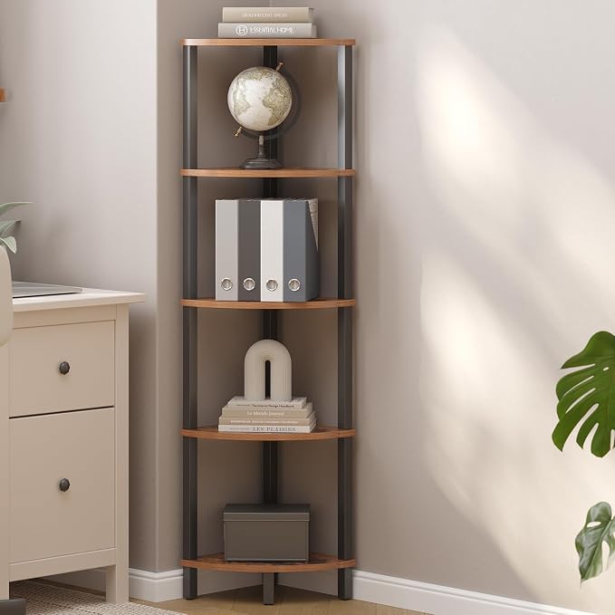 VIMBER Corner Shelf, 5-Tier Corner Bookshelf, Industrial Corner Ladder Shelf, Rustic Display Shelf for Living Room, Bedroom, Kitchen, Home Office, Rustic Brown and Black UJSJ001H