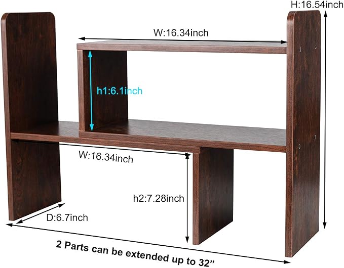 Desk Organizer Desktop Shelf Adjustable Countertop Bookshelf Small Table Shelves Book Organizer Office Organization for Desk, Antique Brown
