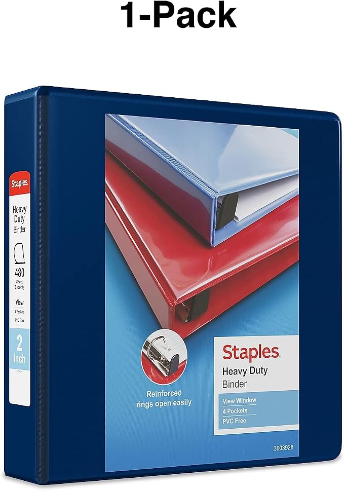 Staples Heavy‑Duty View Binder, 2" D‑Ring, Blue, Reinforced Spine, Durable 3‑Ring Binder for School, Office & Classroom Use