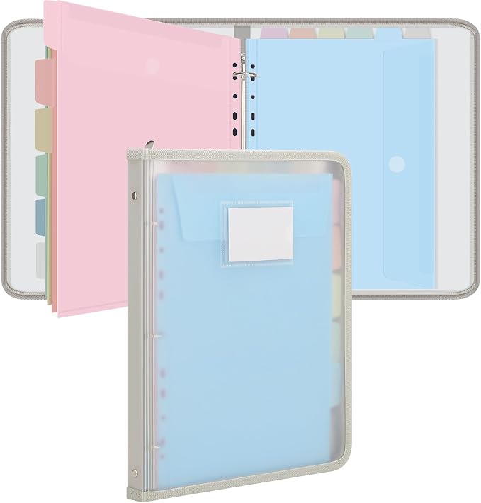 Uquelic Clear Zipper Binder with 12 Colorful Letter/A4 Pockets | 3 Ring Document Organizer with Dividers - Durable PP Cover, Large Capacity Cute Folder for School, Office & Home