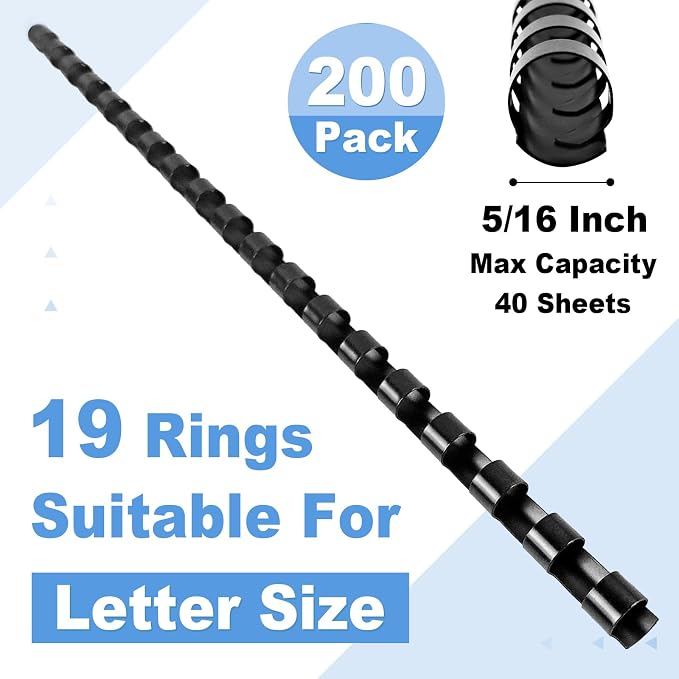 HOUYEE Plastic Binding Combs Spines 5/16 Inch, 19 Rings, 200 Pack, Black | 8mm Binder Combs for Letter Size Paper, 40 Sheets Capacity, for Book Binder Office School Supplies