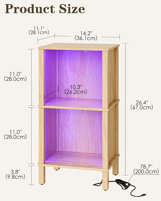 Bookshelf with LED Lights, Modern 2-Tier Bookcase, Open Storage Book Shelf, 11 × 14.2 × 27.4 Inches, Small Narrow Bookshelves for Living Room, Home Office, Bedroom, Natural