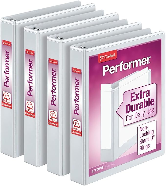Cardinal Performer 3-Ring Binders, 1", Non-Locking Slant-D Rings, 240-Sheet Capacity, ClearVue Presentation, Non-Stick, PVC-Free, White, 4-Pack (27200)