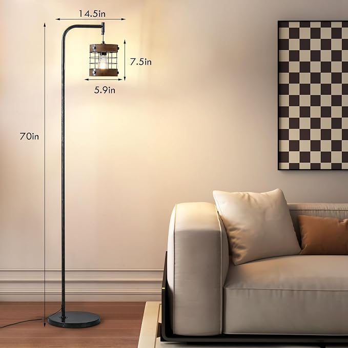 67" Industrial Floor Lamp with Wood & Black Metal Shade, Modern Standing Lamp, Rustic Farmhouse Tall Lamp for Living Room Bedroom Office, 2700K Bulb & Foot Switch Included (BlackSliver+ Wood- FL-2521)