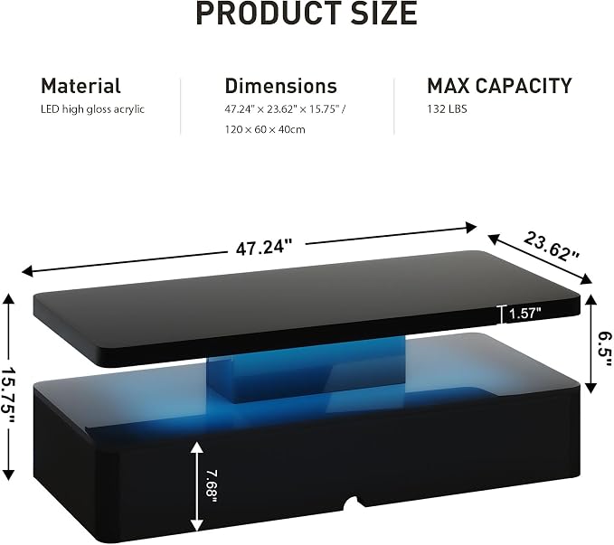 47" Modern LED Coffee Table, 2 Tier Rectangular Center Table with 16 Colors Lights & Large Storage Space, High Glossy Wooden Tea Table for Living Room, Bedroom, Home Office, Black