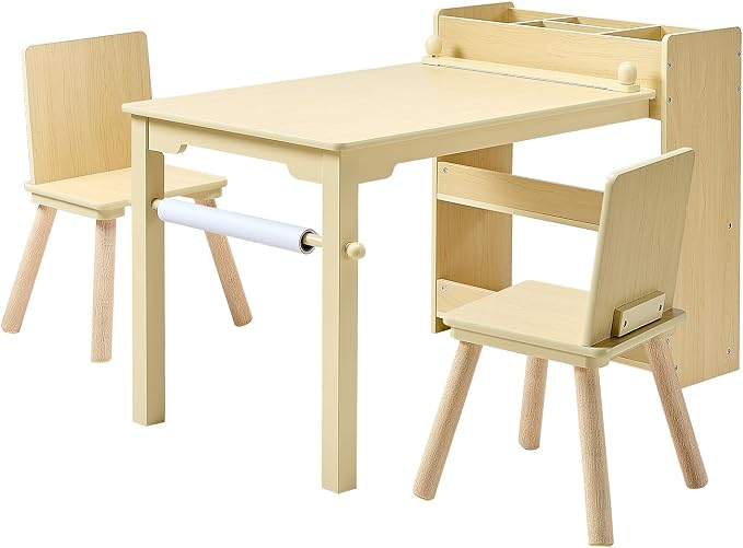 VEVOR Kids Art Table and Chair Set, Toddler Activity Table with Storage, Wood Kids Craft Desk with Paper Roll for Drawing, Reading, Writing, Kid Play Table for Nursery, Playroom, Classroom, Natural
