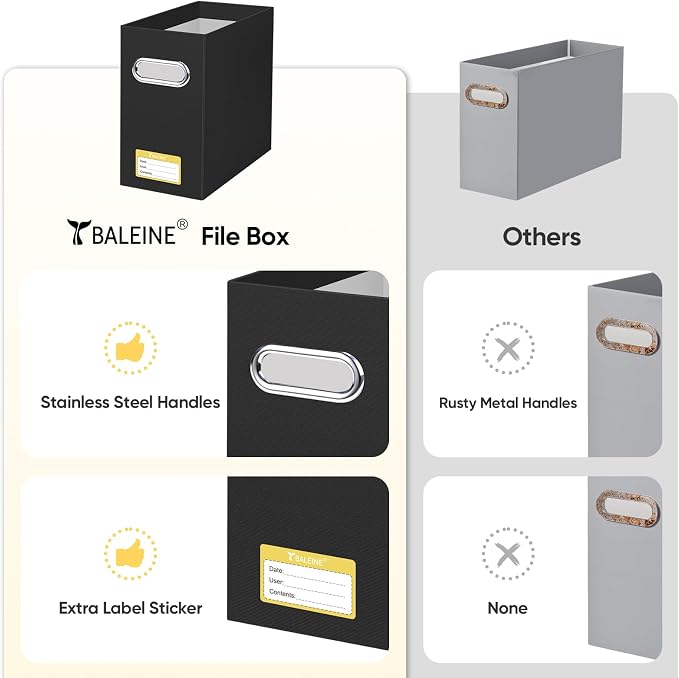 BALEINE 2PK File Organizer Box, Cardboard File Folder Organizer with Handle | Strong Corrugated Paper Core, Label Stickers for Identification, Hanging File Folder Organizer, Home Office Document Storage