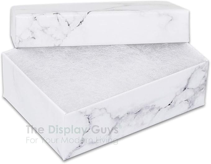 TheDisplayGuys 25 Cardboard Jewelry Gift Boxes with Inserts - Marble White | Size #32 - 3.3" x 2.3" x 1.0", Lids, Cotton Filled Padding, Kraft Paper, Bulk Pack Case, for Shipping, Organizers, Storage