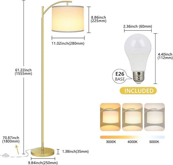 Floor Lamp for Living Room with 3 Color Temperatures LED Bulb, Standing Lamp Tall Industrial Floor Lamp Reading for Bedroom, Office (9W LED Bulb, White Lampshade Included) -Gold