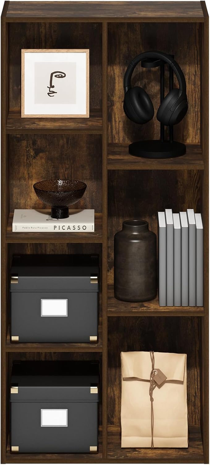 Furinno LUDER Book Shelf, 7-Cube Bookshelf, Bookcase with Open Shelves, 9.4 x 19.5 x 41.7, Easy Assembly, for Living Room, Bedroom, Home Office, Amber Pine