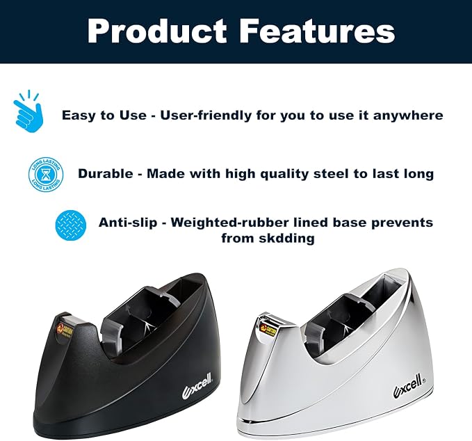 MDJ by Excell Desktop Tape Dispenser (Fits 1" + 3" Core) with Heavy-Weighted Base for One-Hand Dispensing for Office, Home, School, Masking, Heat Transfer, Sublimation, Crafts, Gift Wrapping (Black)