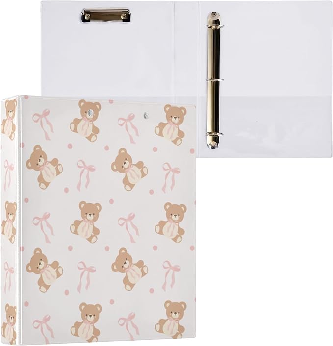 3 Ring Binder 1.5 Inch Animal Bear Pink Ribbon Bow Clipboards Binders with Interior Pockets Round Ring Binder for Office Supplies and School 1 Pack