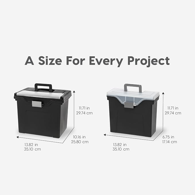 IRIS USA File Box Organizer with Lid, Letter File, 4-Pack, Black | Carry letter size files, documents and paperwork with a portable handle and secure lid for organized storage on the go